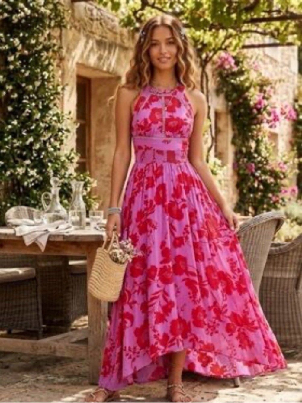 Anthropologie Abel the Label Sunset Bloom halter maxi dress Vacation Beach Med